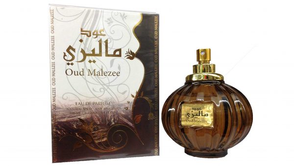 Oud Malezee perfume brown spherical bottle with gold top next to box package