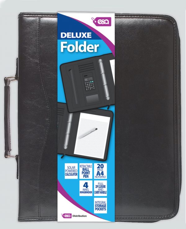 Black briefcase folder with notepad, pen, calculator and storage space