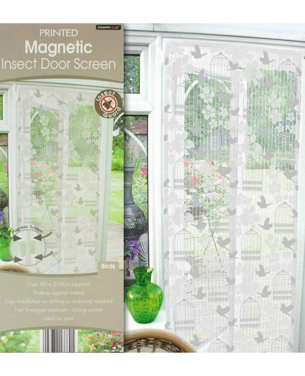 White insect door screen with bird and flower patterns