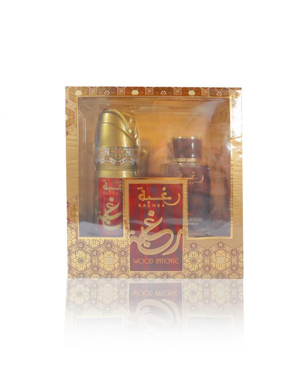 raghba wood intense by lattafa deoderant-arabian oud perfume gift set. best arabian oud fragrance, arabic perfume for ladies, arabic perfumes uk