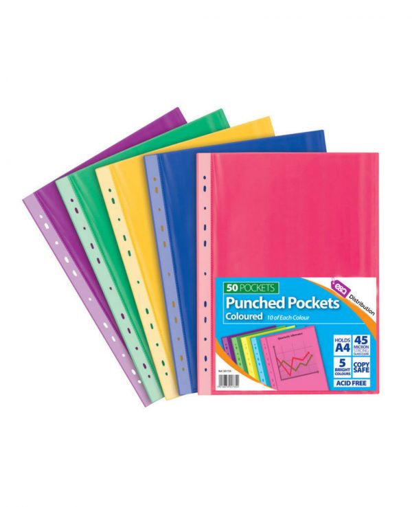 A4 Coloured Punch Pockets 45 Micron- heavy duty punched pockets