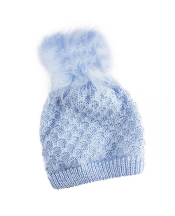 Knitted Baby Pom Bobble Hat Blue-baby knitted hat with pom pom