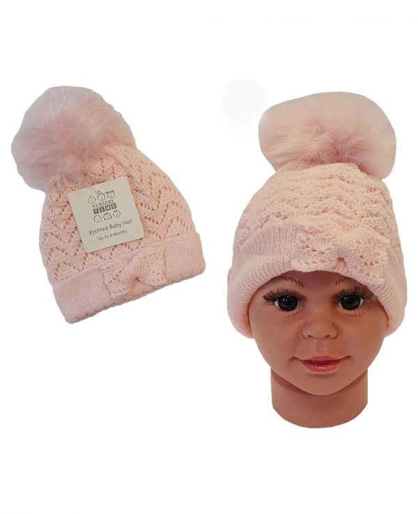 Knitted Baby Pom Bobble Hat Pink -baby knitted hat with pom pom