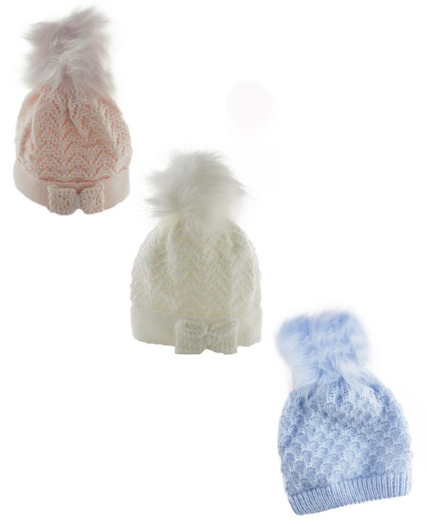 Knitted Baby Pom Bobble Hat White Cream Pink Blue-baby knitted hat with pom pom