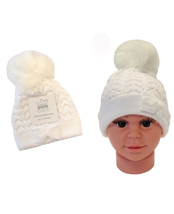 Knitted Baby Pom Bobble Hat White Cream-baby knitted hat with pom pom