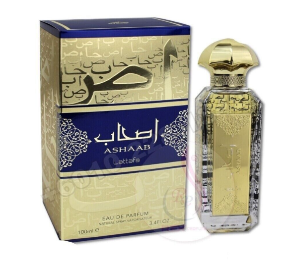 Ashaab 100ml EDP By Lattafa gold and blue package and gold bottle