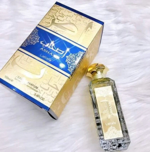 Ashaab 100ml EDP By Lattafa gold and blue package and gold bottle