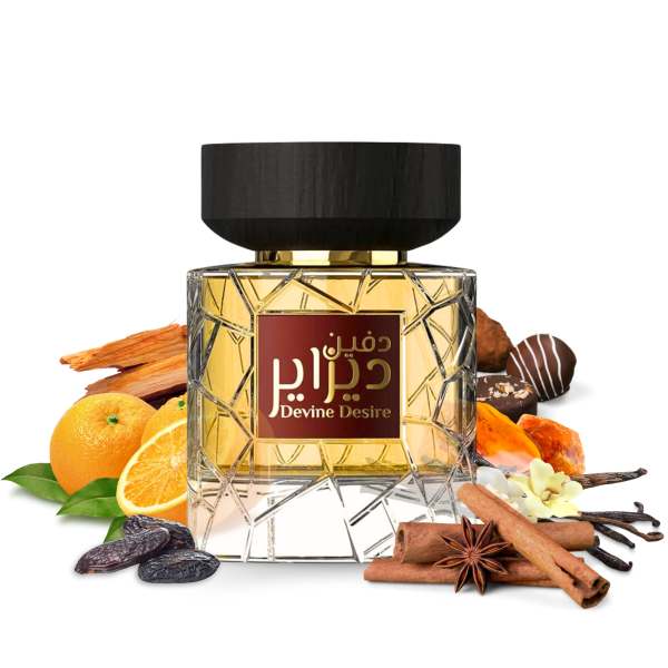 Divine Desire 100ml EDP Perfume for Women & Men by Nylaa Inspired by Angels Share Kilian Fragrance Notes: Top notes: Orange Middle notes: Sri Lankan cinnamon, Praline Base notes: Australian sandalwood, Brazilian tonka bean, Vanilla, Amber