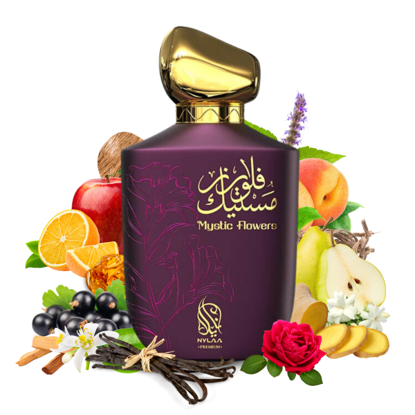 Mystic Flowers 100ml EDP by Nylaa Perfume for Women Inspired by Fakhar Lattafa Fragrance Notes: Top notes: Peach, Pear, Apple, Black currant, Orange, Mandarin oil, Ginger Middle notes: Orange blossom, Sambac jasmine, Rose Base notes: Sandalwood, Vanilla, Musk, Indonesian patchouli, Haitian vetiver, Amber