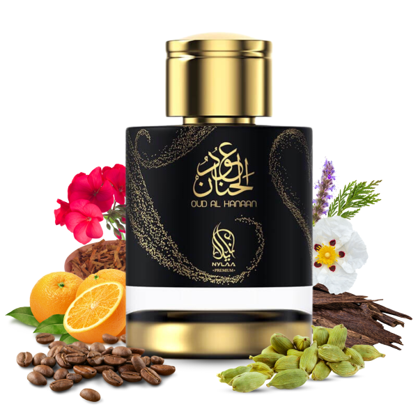 Oud Al Hanaan EDP 100ml by Nylaa Perfume for Women and Men Inspired by Madawi Arabian Oud Fragrance Notes:  Top notes: Guatemalan cardamom, Orange oil Middle notes: Tobacco, coffee, Egyptian geranium Base notes: Oud, Brazilian copaiba, Indonesian patchouli, Gurjun balsam, Virginian cedarwood, Spanish cistus