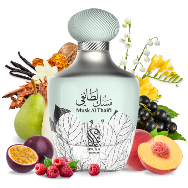 Musk Al Thaifi 100ml EDP by Nylaa Perfume for Men and Women Inspired by Kirke Tiziania Terrenzi Fragrance Notes: Top notes: Passion fruit, Peach, Pear, Raspberry, Cassis Middle notes: Lily of the Valley, Freesia Base notes: Musk, Sandalwood, Vanilla, Patchouli, Amber