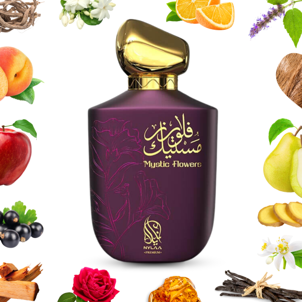 Mystic Flowers 100ml EDP by Nylaa Perfume for Women Inspired by Fakhar Lattafa Fragrance Notes: Top notes: Peach, Pear, Apple, Black currant, Orange, Mandarin oil, Ginger Middle notes: Orange blossom, Sambac jasmine, Rose Base notes: Sandalwood, Vanilla, Musk, Indonesian patchouli, Haitian vetiver, Amber