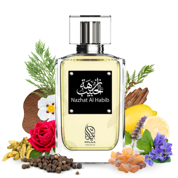 Nazhat Al Habib EDP 100ml by Nylaa Perfume For Men Women Inspired by Ebeny Fume Tom Ford Fragrance Notes: Top notes: Black pepper, Incense, Lemon oil, Olibanum Middle notes: Rose, Violet leaf, Spanish cypress abs, Guatemalan cardamom Base notes: Guaiac wood, Leather, labdanum, Patchouli, Cedarwood, Spanish cistus