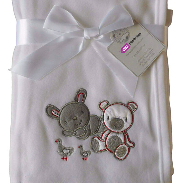 Luxury Soft embroidered Fleece Blanket white plain bunny and bear Design