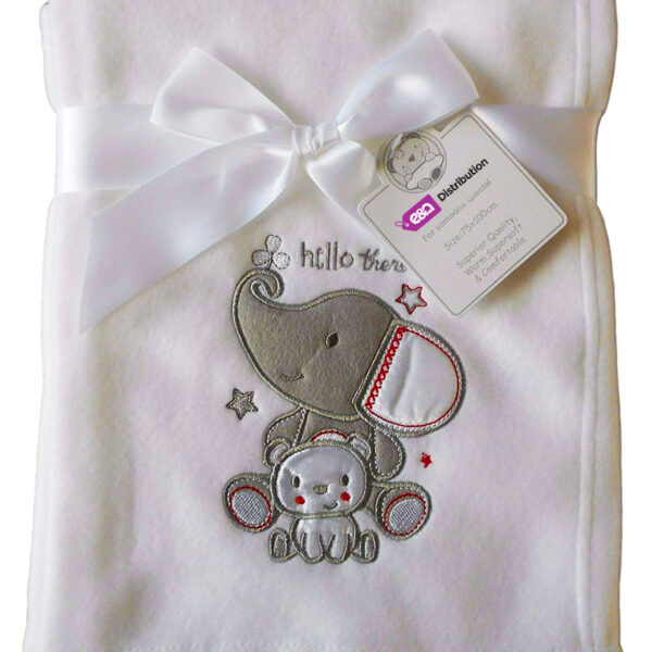 Luxury Soft embroidered Fleece Blanket white plain bear and elephant Design