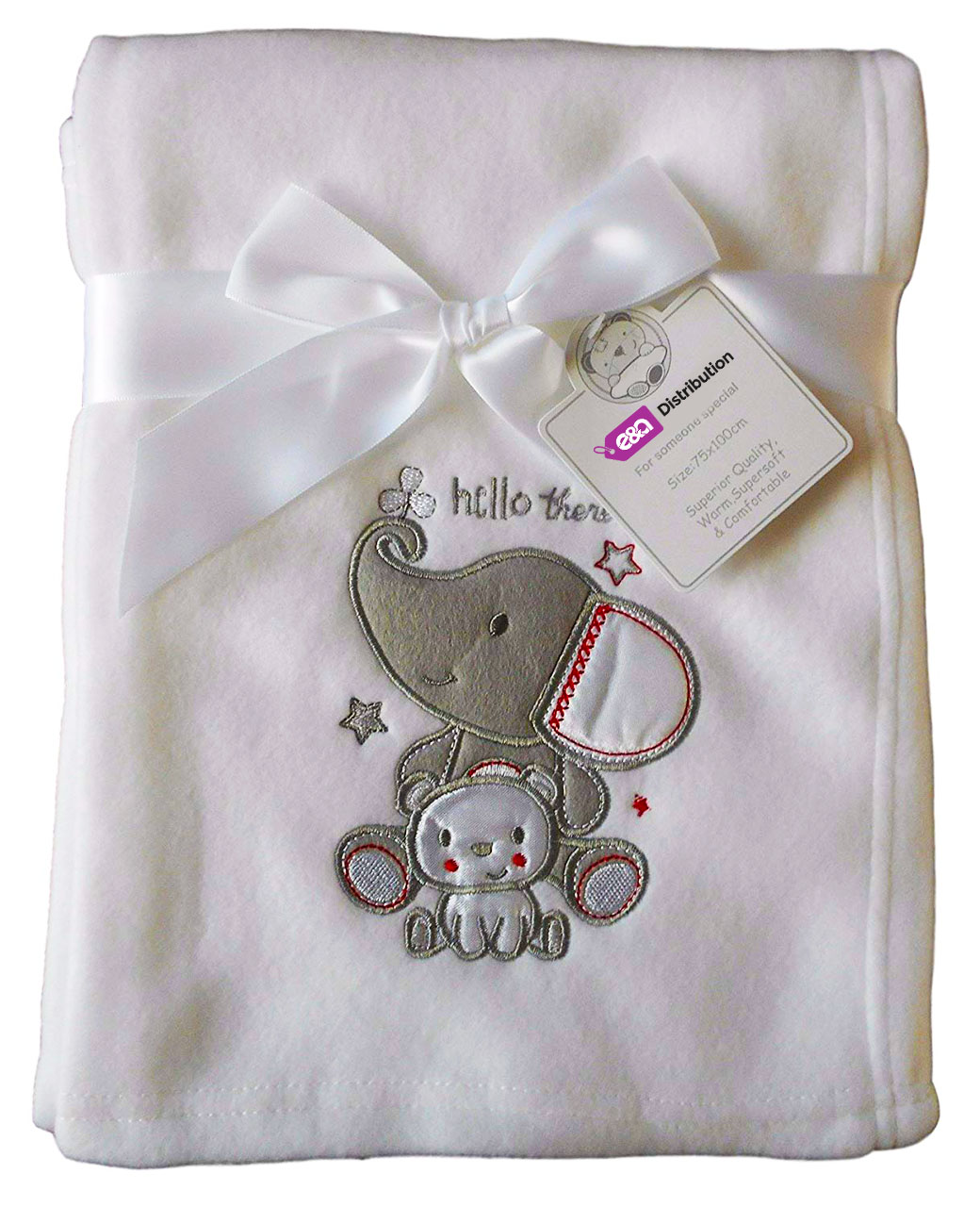 1-15.jpg Luxury Soft embroidered Fleece Blanket white plain bear and elephant Design - Image 1