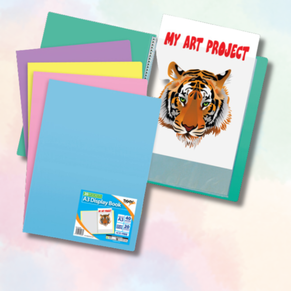 Pro A3 Display Book-20 Pockets Copy Safe Acid-Free 40 Micron Sleeves, Organize & Present Documents Set of 5 Colors