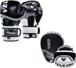 VELO Boxing Gloves and Pads Set: Cowhide Leather KARA Focus Mitts with Punching Gloves.