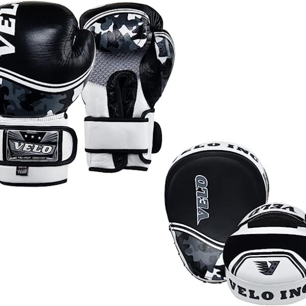 VELO Boxing Gloves and Pads Set: Cowhide Leather KARA Focus Mitts with Punching Gloves.