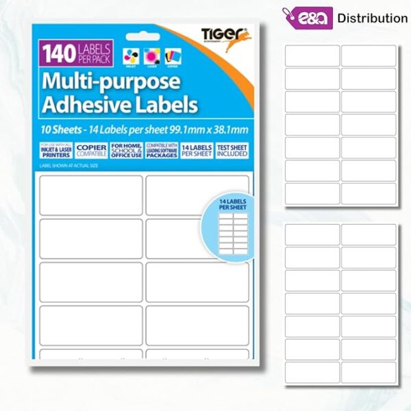 Multi-Purpose Adhesive Labels 99.1mm x 38.1mm- 140 Labels, 10 Sheets, Inkjet & Laser Printer Compatible
