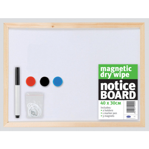White Board Magnetic White Notice Board 40 x 30cm Includes 2 Holders 1 Marker Pen and 3 Magnets