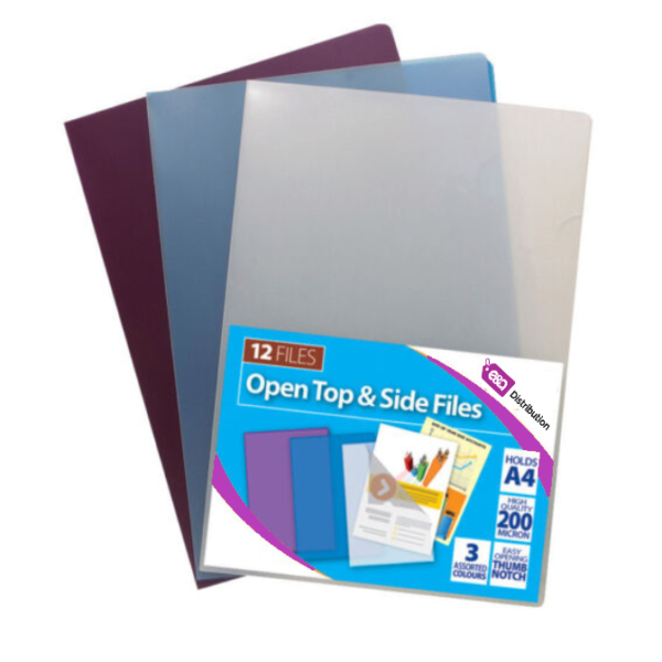 A4 Pack of 12 Assorted Plastic Folders Open Top & Side Glossed Cover Files