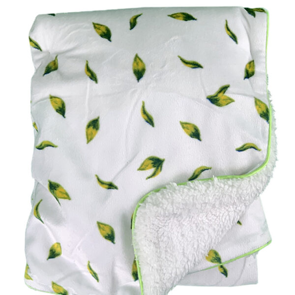Luxury Soft Fur Back Blanket White green and yellow leafs Design