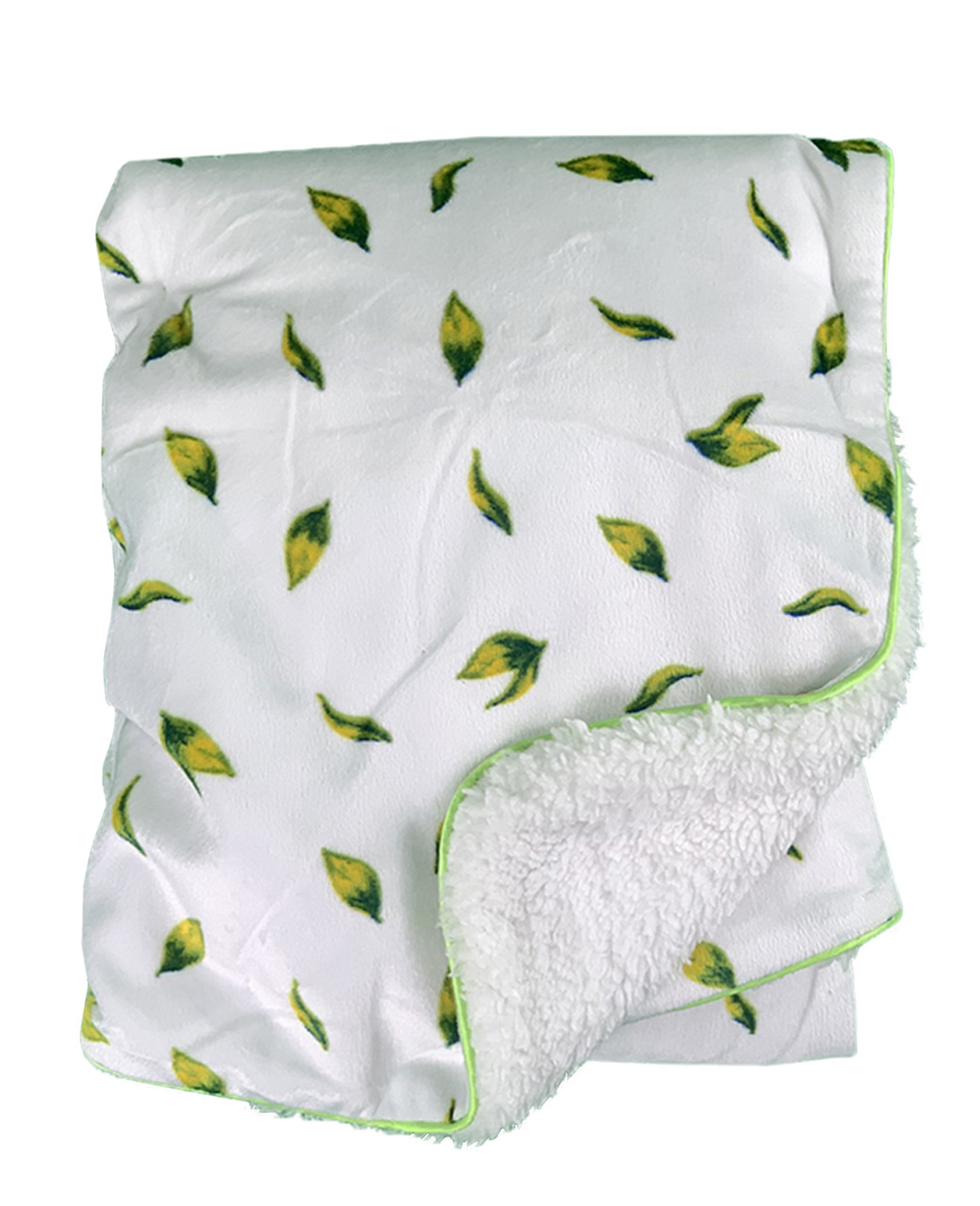 Fresh-Mint-1-1.jpg Luxury Soft Fur Back Blanket White green and yellow leafs Design - Image 1