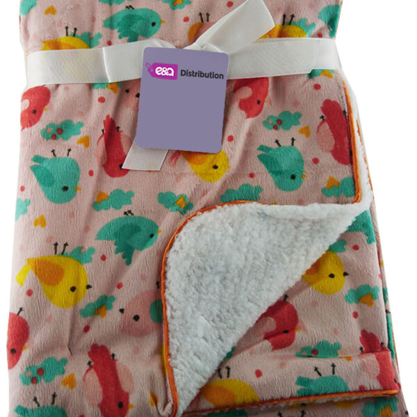 Luxury Soft Fur Back Blanket Pink Colourful Birds Design