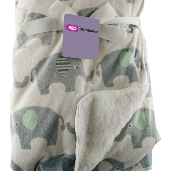 Luxury Soft Fur Back Blanket Grey Elephant with Green Ears Design