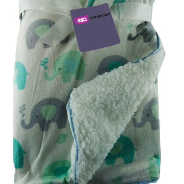 Luxury Soft Fur Back Blanket Grey and Turquoise Elephants Design