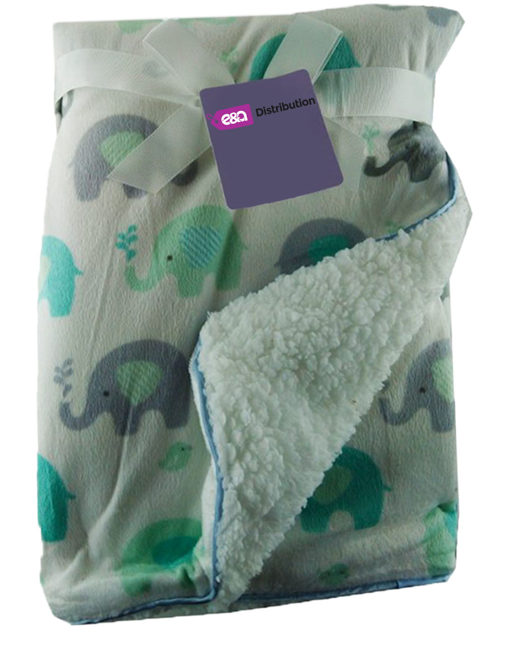 Grey-Turqoise-Elephants-edit.jpg Luxury Soft Fur Back Blanket Grey and Turquoise Elephants Design - Image 1