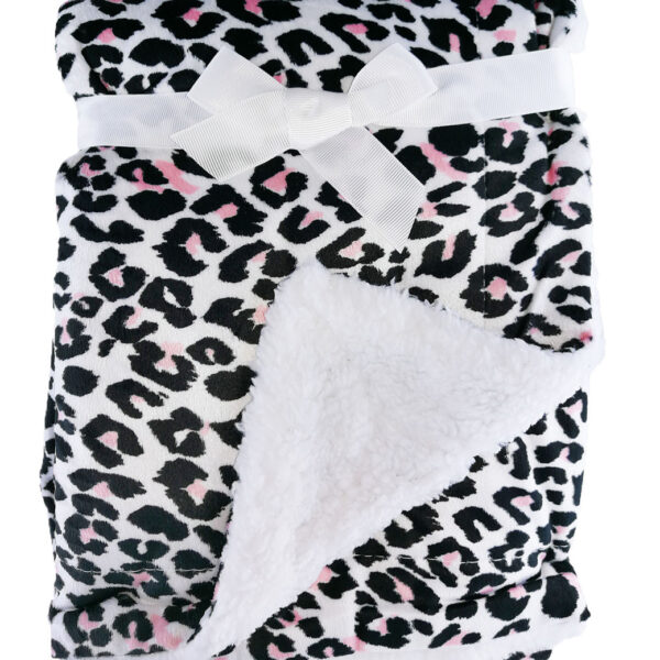 Luxury Soft Fur Back Blanket Pink and Black Leopard Spots Design