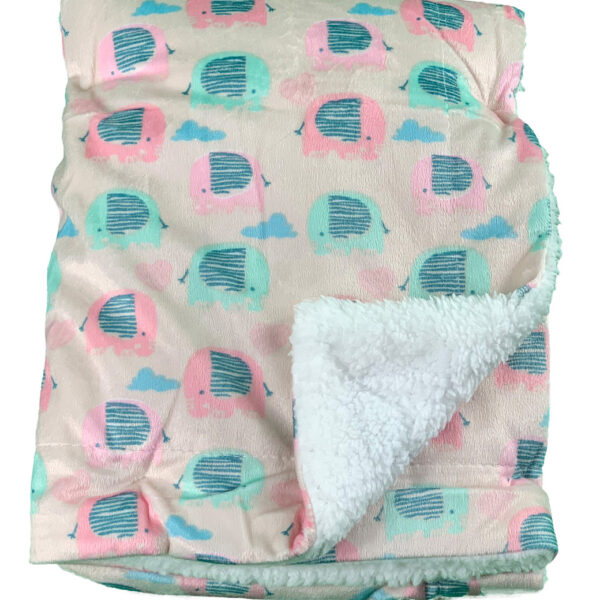 Luxury Soft Fur Back Blanket cream with pink and green elephants Design