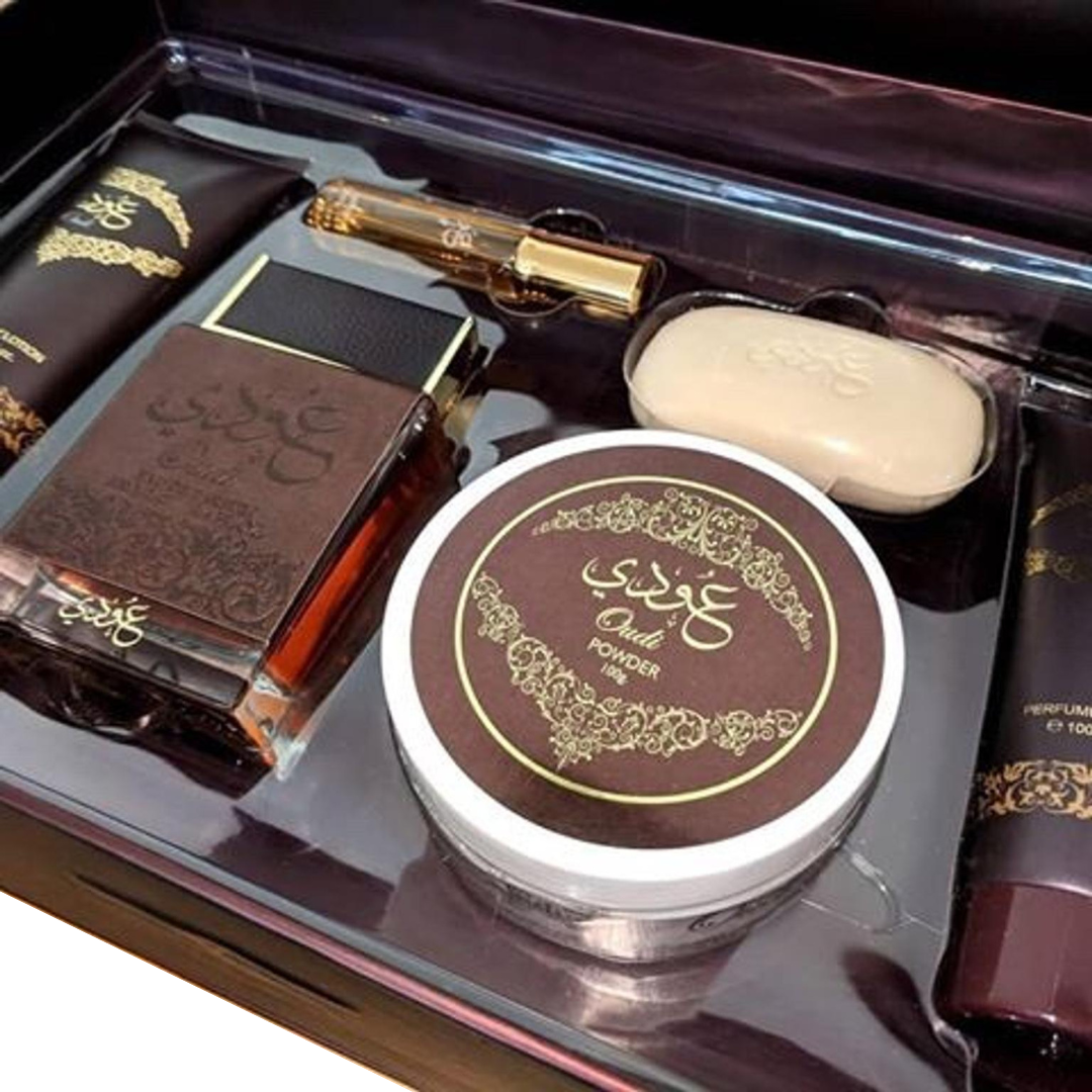 Oud-Simple-43.png Oudi Perfume Gift set (Eau de Parfume 100ml | Powder | Body Lotion 100ml | Soap | Body Lotion) By Ard Al Zaafaran - Image 1