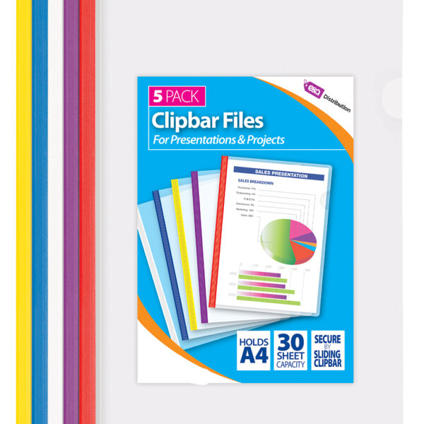 Pack of 5 A4 Clipbar Files Rainbow