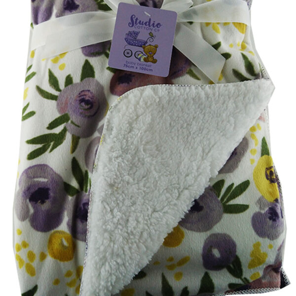 Luxury Soft Fur Back Blanket White Yellow and Purple Roses Design