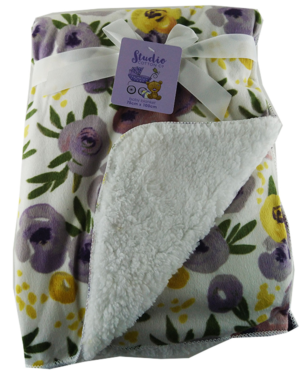 Purple-and-yellow-roses.jpg Luxury Soft Fur Back Blanket White Yellow and Purple Roses Design - Image 1
