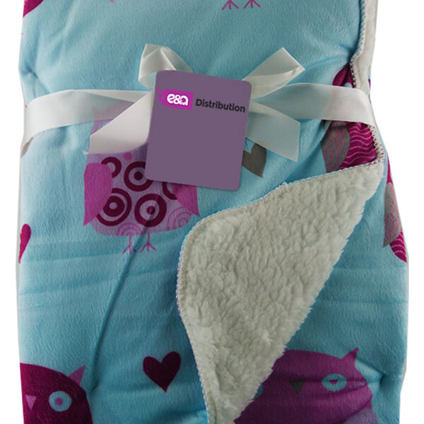 Luxury Soft Fur Back Blanket Blue and Purple Owls Design