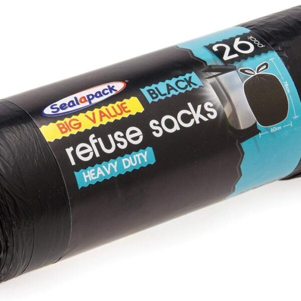 Seal-A-Pack Black Refuse Sacks 26Pk heavy duty bin liner rubbish bags strong