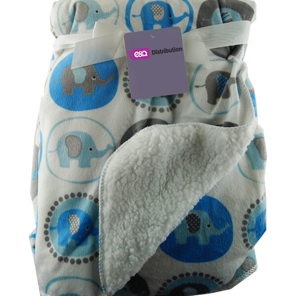 Luxury Soft Fur Back Blanket white and blue elephants circle Design