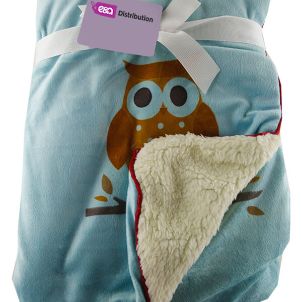 Luxury Soft Fur Back Blanket Blue Owl On Branch Design