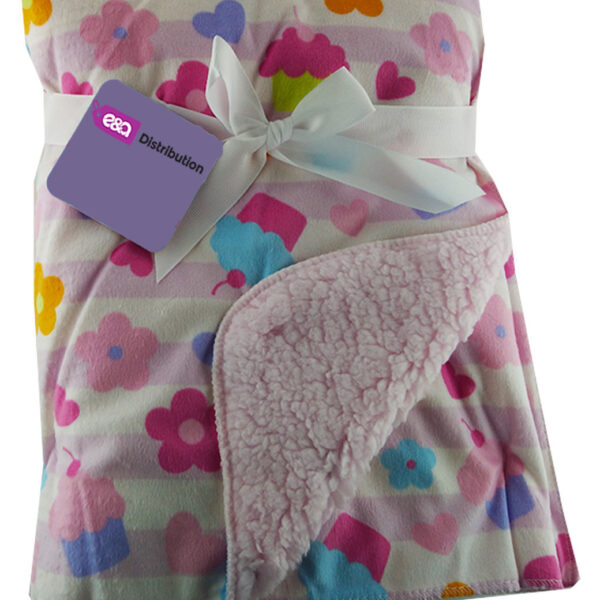 Luxury Soft Fur Back Blanket Pink Cupcakes and Flowers Design